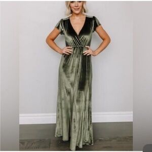 Baltic Born Liza Olive Green Velvet Short Sleeve Maxi Wrap Dress Medium